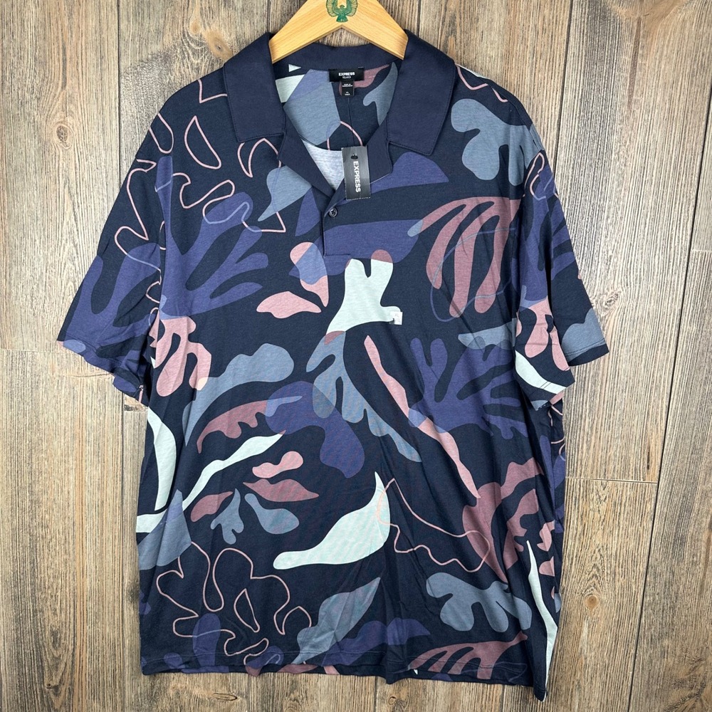 Express Relaxed Polo Shirt Mens XL Tall Navy Blue Abstract Botanical Print NEW